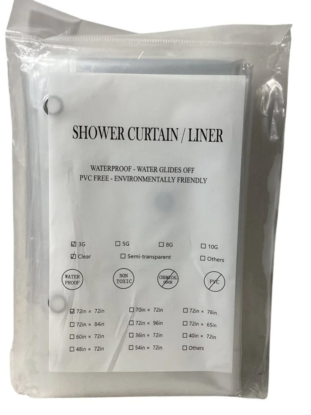 Shower Curtain Liner, 3G Lightweight, 12 Reinforced Metal Grommets, 72